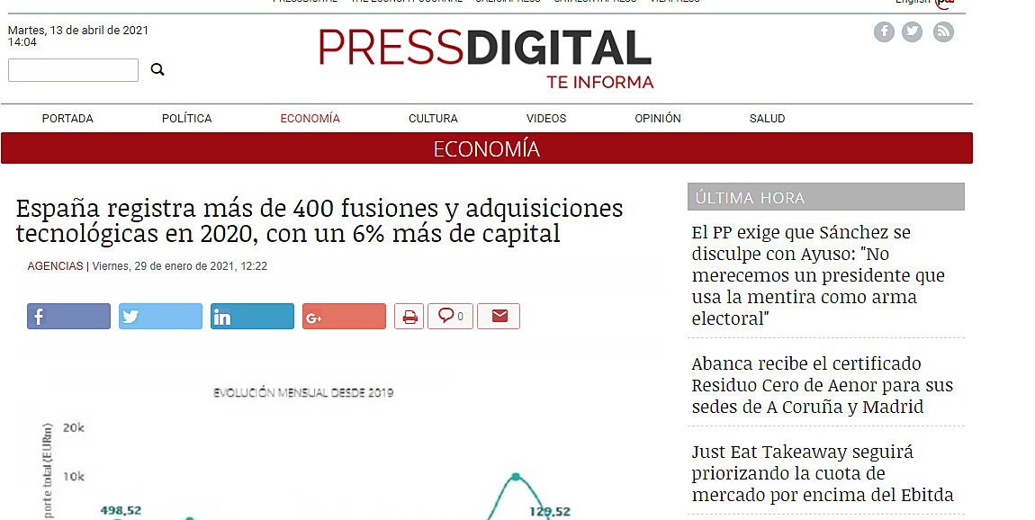 Espaa registra ms de 400 fusiones y adquisiciones tecnolgicas en 2020, con un 6% ms de capital